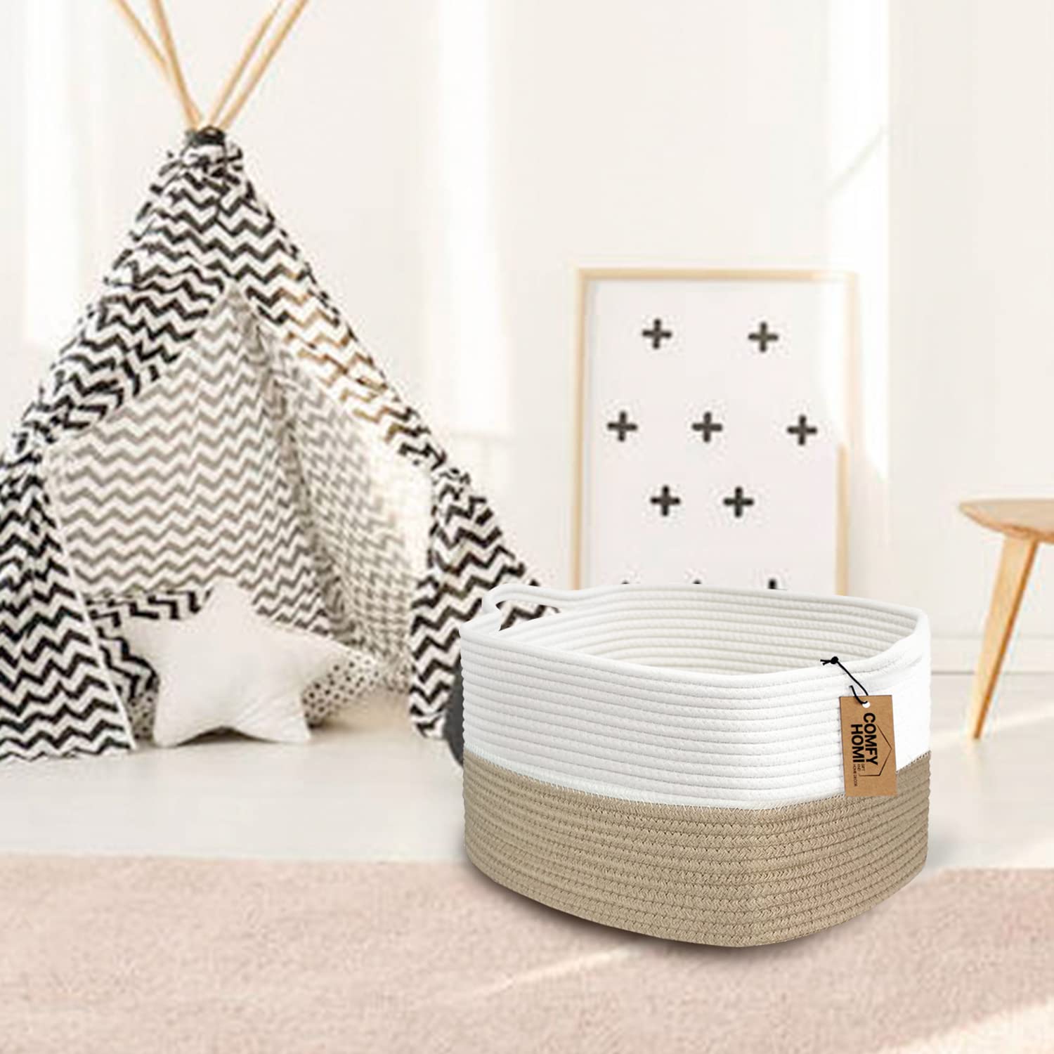 Comfy-Homi Cotton Rope Woven Basket With Handles For Shelf, Pet Toy, Book, Cloth Storage Basket-13.5' X 11' X 9.5' Nursery Cube Bin,Decorative Storage Organizer For Living Room, Bathroom Light Brown